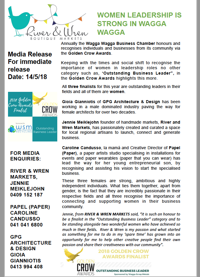 Our market founder and manager, Jennie Meiklejohn, is a finalist in the Outstanding Business Leader category of the Wagga Business Chamber's Golden Crow Awards.