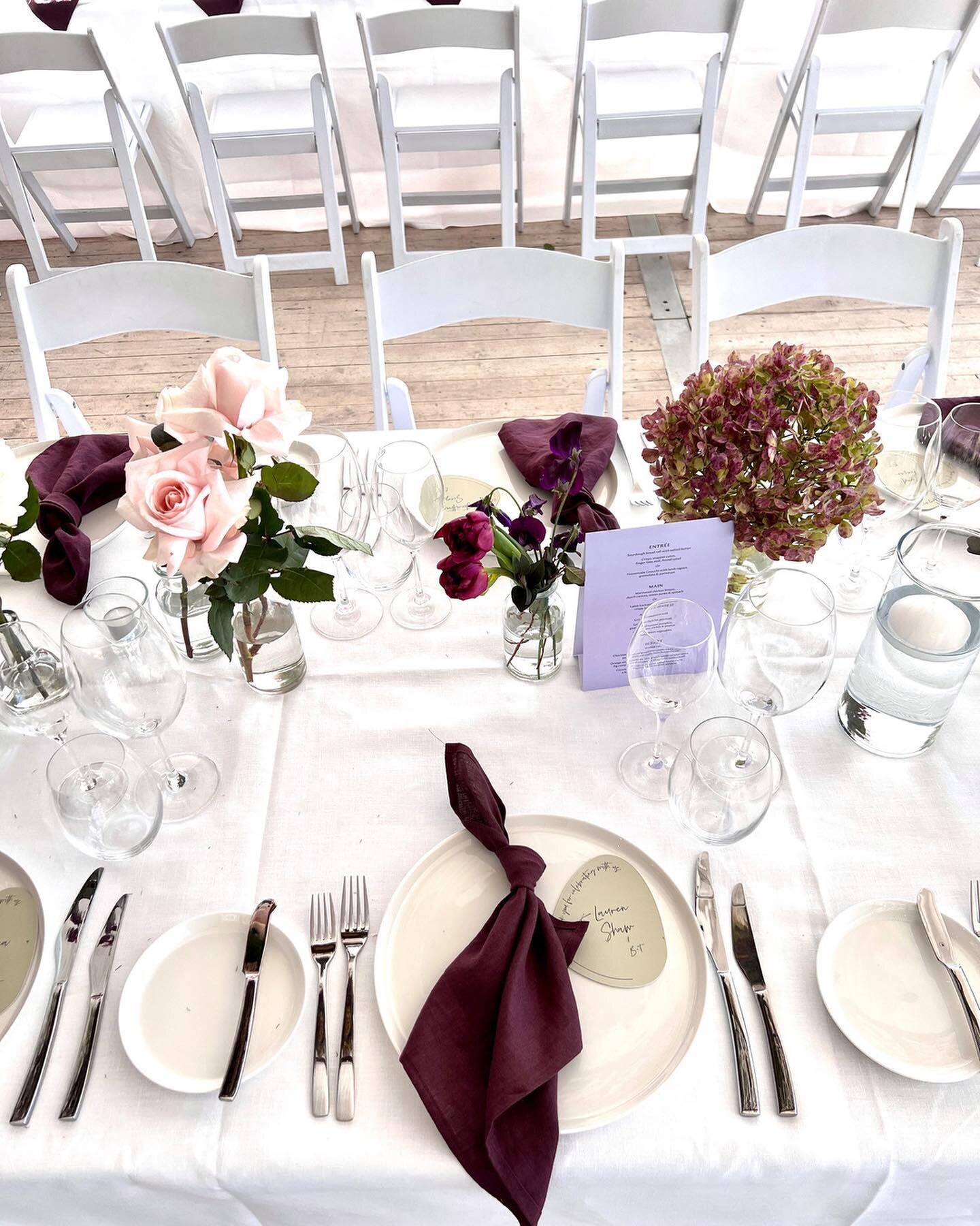 Scattered bud vases paired with the most perfect mulberry napkins for Belle &amp; Tom @growwild.weddings