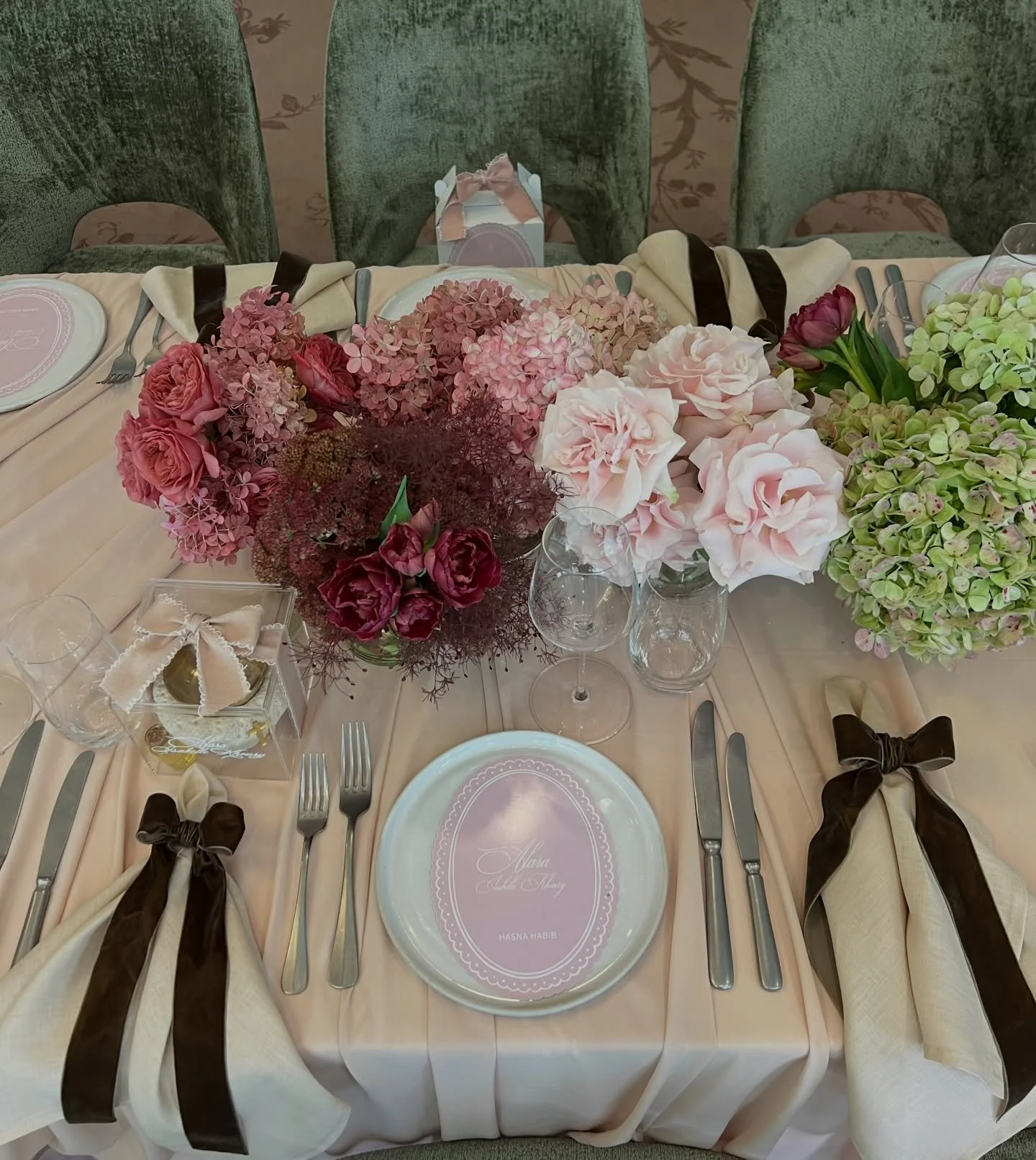 Tablescape feat. Custom draped table linen, choc velvet napkin bows &amp; of course oodles of florals 💕for Alara&rsquo;s christening @ardourmiltonpark