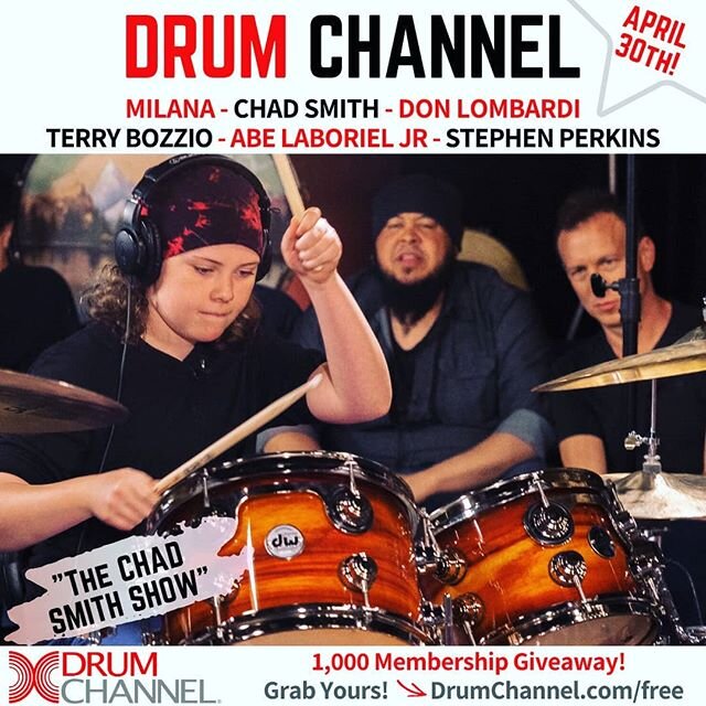 THIS THURSDAY! COME SEE ME SHED + TALK DRUMS on &quot;The Chad Smith Show&quot; @drumchannel w/ iconic drummers 🥁 @chadsmithofficial @terry_bozzio_official @ogabejr @stephenperkinsdrummer &amp; DW Founder, the great @theofficialdonlombardi -- IT ALL