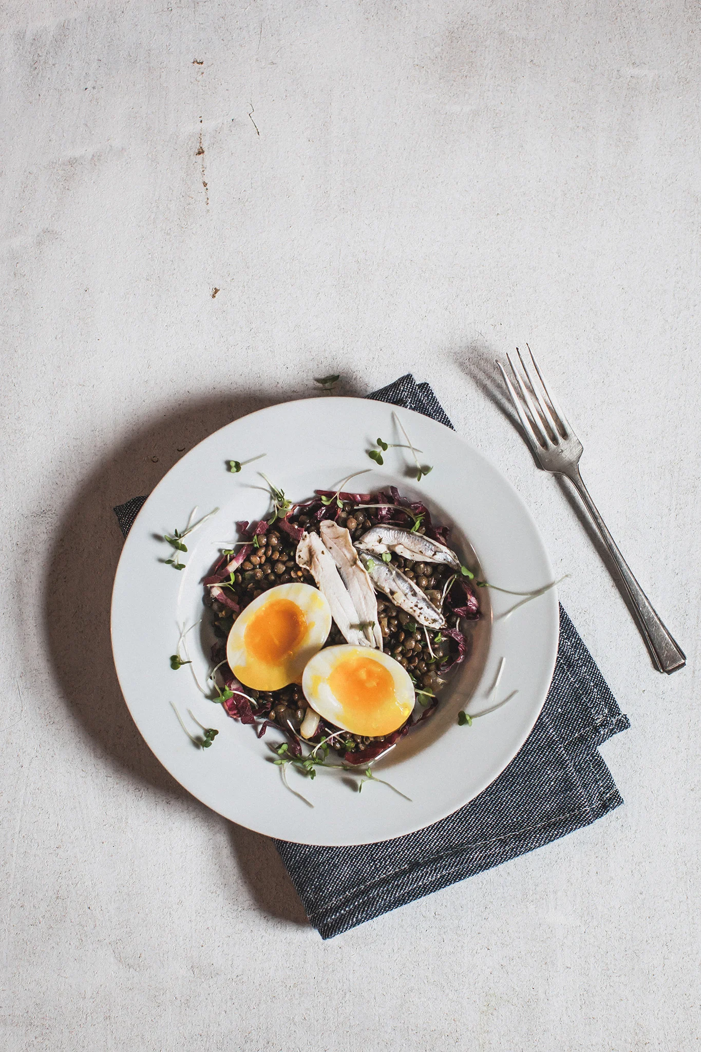 Puy lentil, anchovy and soft egg salad. Retreat // Food and lifestyle blog based in Sussex. Photography by Emma Gutteridge.