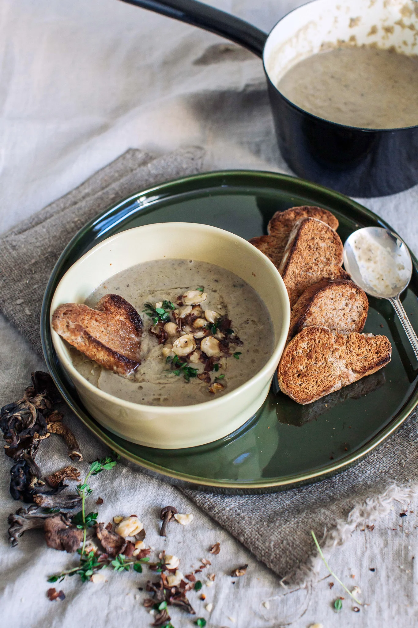 Mushroom soup with a hazelnut topping. Retreat // Food and lifestyle blog based in Sussex. Photography by Emma Gutteridge.