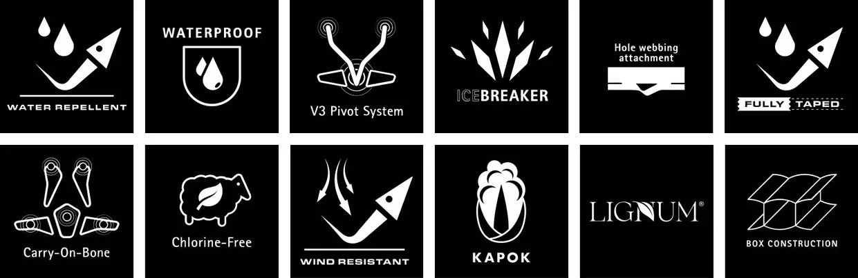  Klättermusen fabrics &amp; technologies icons: graphic design, 2021-23 