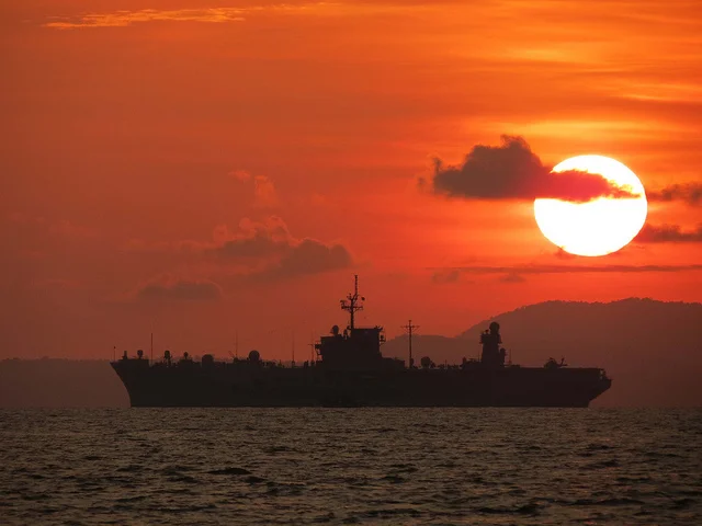 SIHANOUKVILLE, Cambodia (May 1, 2012) U.S. 7th Fleet flagship USS Blue Ridge (LCC 19) anchors off the coast of Sihanoukville, Cambodia. Blue Ridge is on patrol in the Asia-Pacific and in Sihanoukville for a port visit. (U.S. Navy photo by Lt. Cmdr. Sarah A. Stancati /Released); CC BY-NC