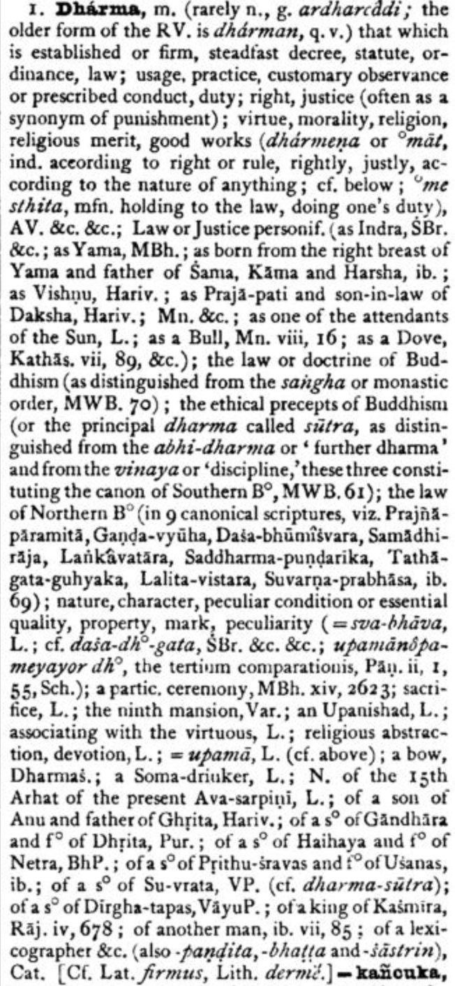 ‘Dharma‘, Sanskrit-English dictionary, Sir Monier Monier-Williams (1899)