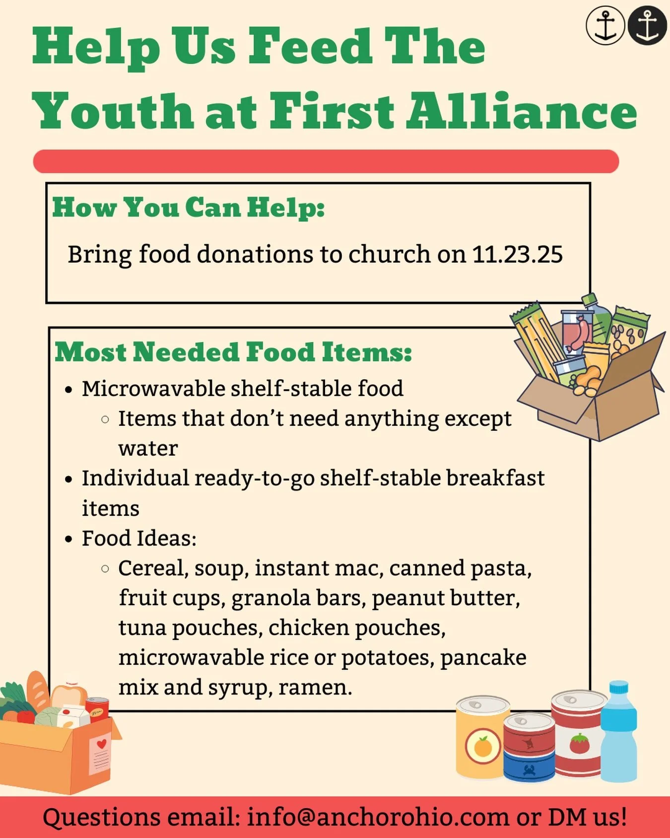 First Alliance Church is gathering food for their youth and Anchor is stepping in to help! 

The goal is to gather shelf stable food that youth can make on their own at home with little effort. Everyday items like microwaveable or on the go snacks an
