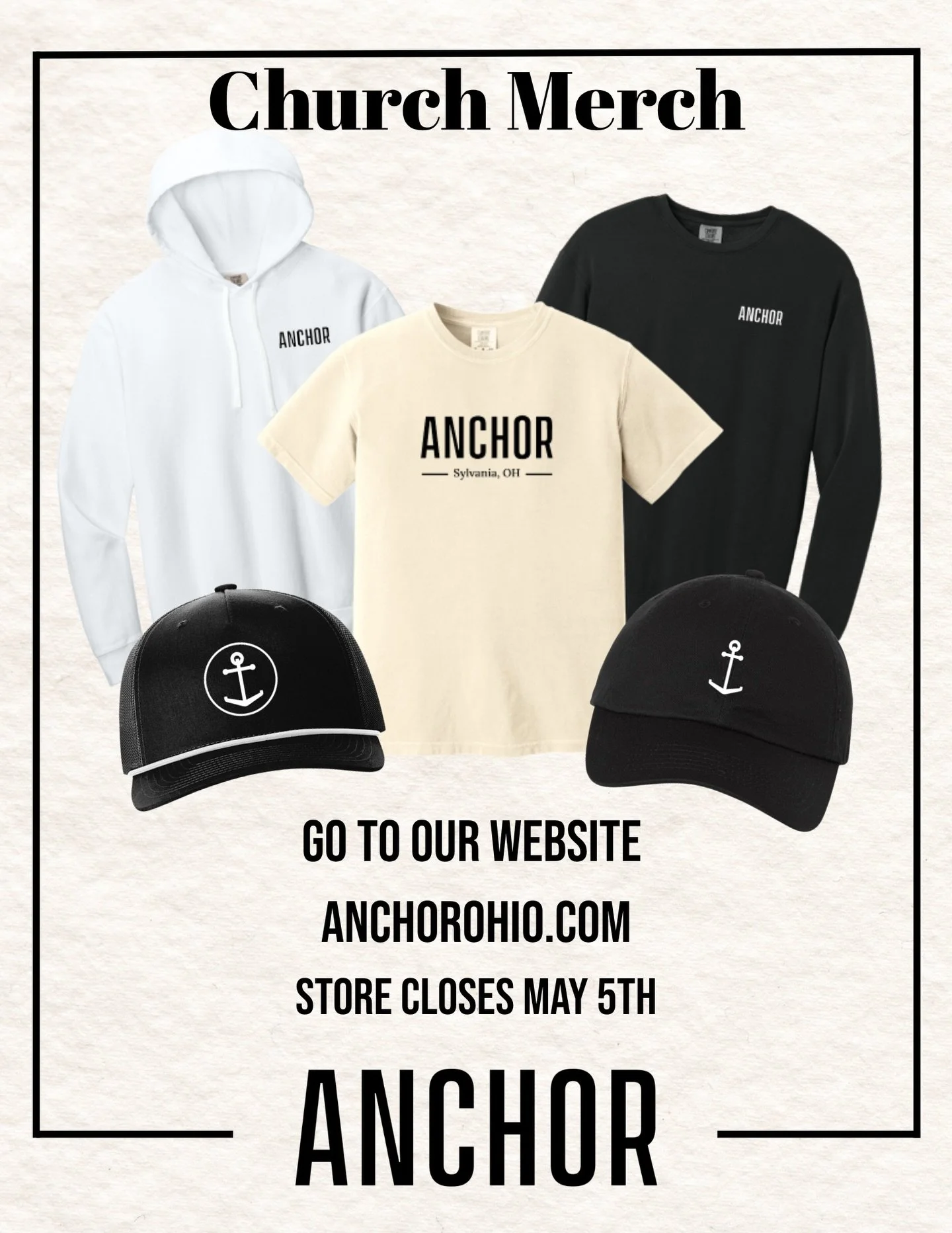Hey Anchor, our church merch is live! Go to our website to find the store - The store will close May 5th! 
.
@skyrocketmarketingllc