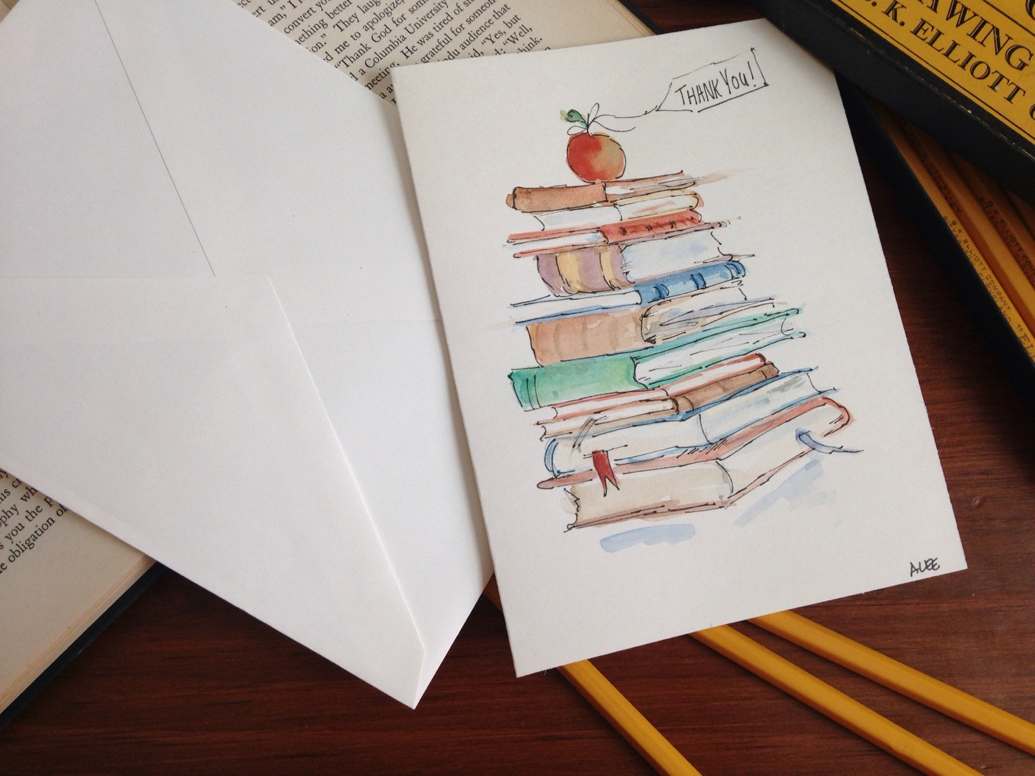 Hand painted original watercolor greeting card w/ envelope, 5 x 7" blank,  Thank You, Teacher, Librarian, Graduation — Artfully Told