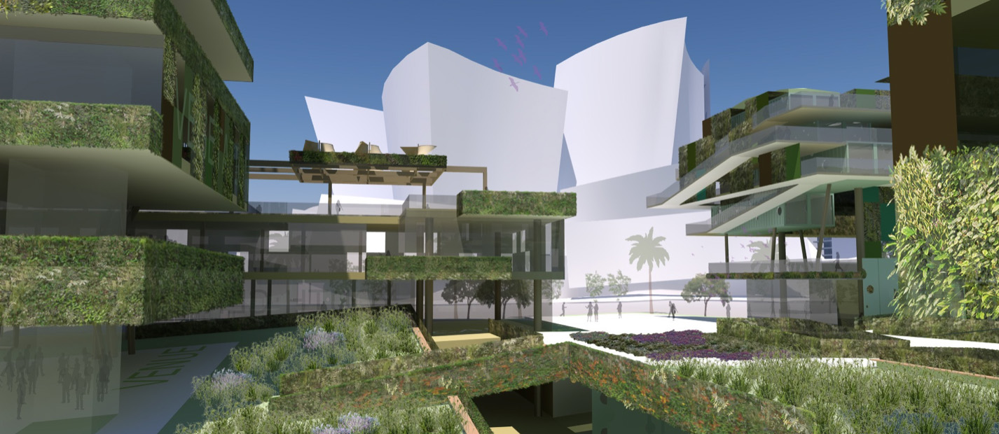 Rendering of a redesigned downtown LA as a Scaled Shared Equity Village Center by Green Our Walls Designer and Urban Architect Cathy Hillman