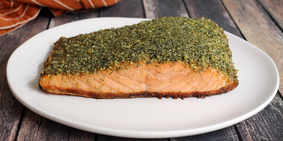 DILL WALNUT AND PARMESAN CRUSTED SALMON