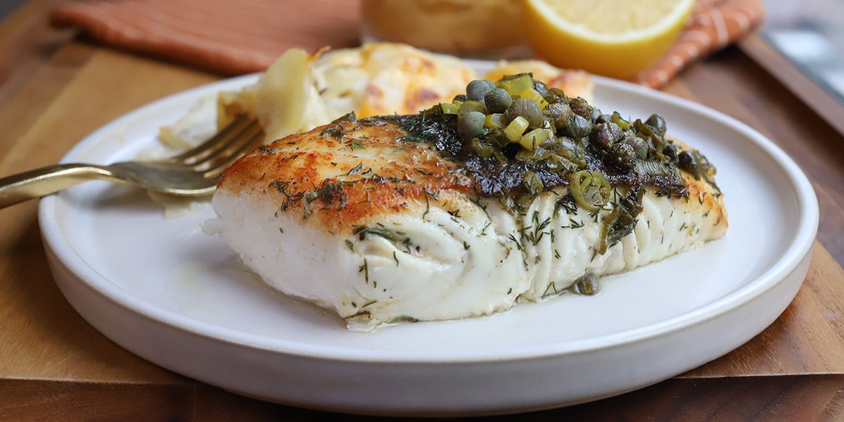 HALIBUT WITH LEMON CAPER AND HERB BUTTER SAUCE