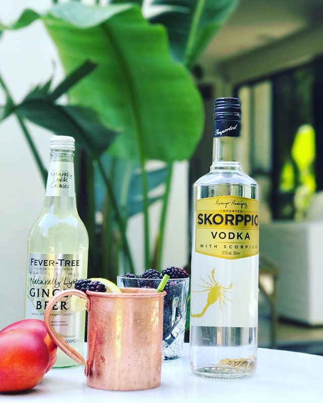 TGIF! This weekend, give your Mule an upgrade with muddled blackberries and peaches.
.
.
.
.
.
.
#skorppiovodka #vodka #scorpion #scorpio #shot #liquor #smooth #5timesdistilled #cocktails #drinks #bartender #happyhour #nightclub #bar #tipsy #tipsybar