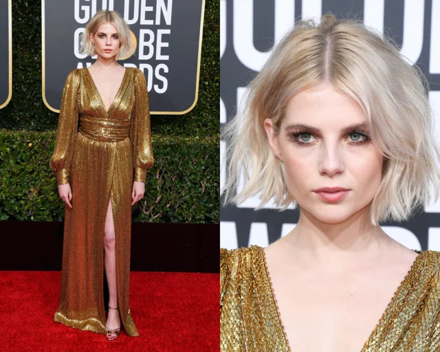Lucy Boynton in een jurk van Celine en een textured bob. Met dit kapsel zet ze sowieso de trend voor 2019.