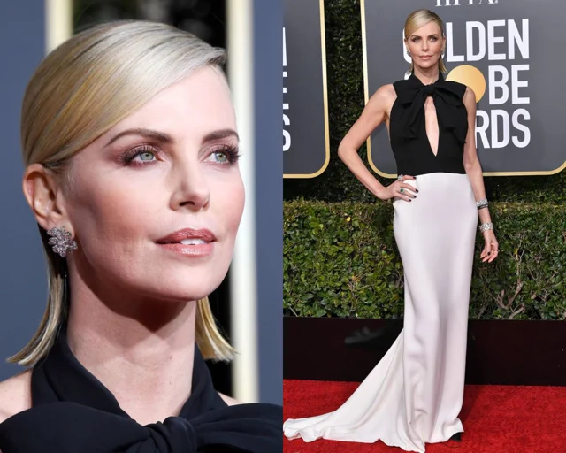 Charlize Theron in een jurk van Dior met haar “lob” steil naar de zijkant gedragen.