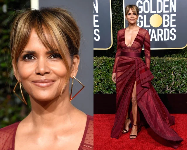 Halle Berry in een jurk van Zuhair Murad. De grof geknipte pony met honingblonde highlights is nu al een van de coolste kapsels voor 2019.