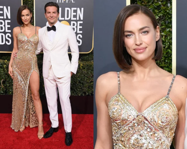 Irina Shayk in een jurk van Atelier Versace. #BobGoals wat betreft haar haren. Een prachtige steile bob geknipt op dezelfde lengte.