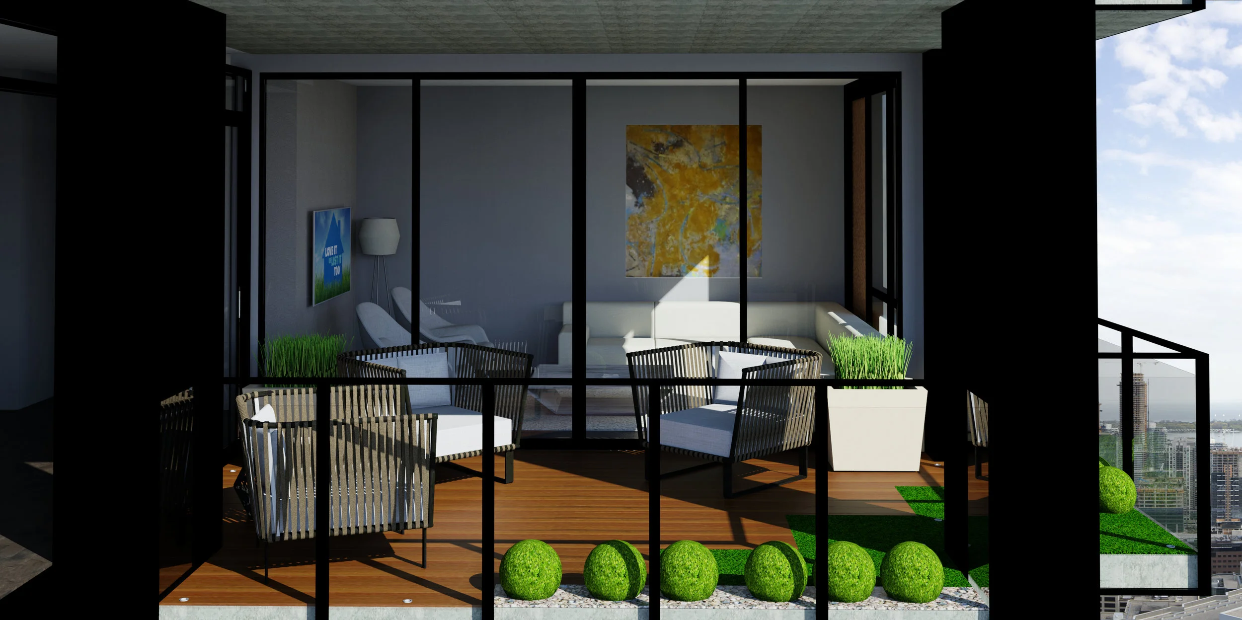 The VP of Marketing and Sales said, “Create a balcony that will excite the senses by day and night, is uniquely suited for the Vancouver climate, and appeals to downsizers”. With access from two sides, the doors open up to blur the boundary between inside and outside. Stone, wood, lighting and green roof technology make this balcony a joy to behold.