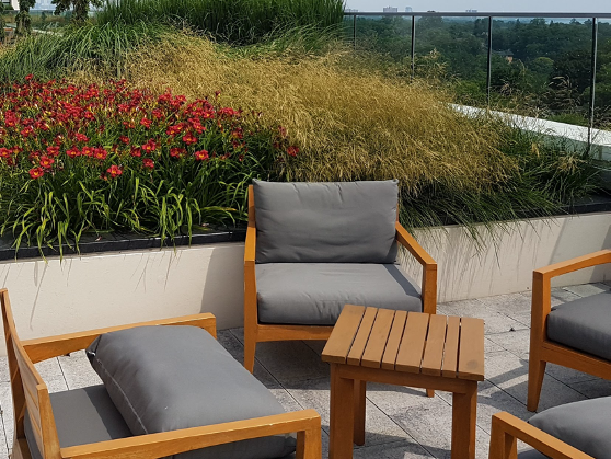  A bed of grasses that move with the breezes, and hardy perennial flowers lend a relaxed air to this space. 