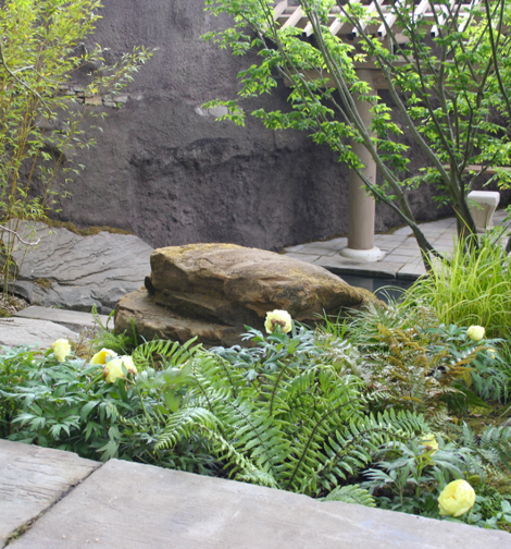  This nature-inspired courtyard installation includes natural rock formations, architectural elements, and a range of plant forms and leaf shapes, giving continuous year long pleasure.  