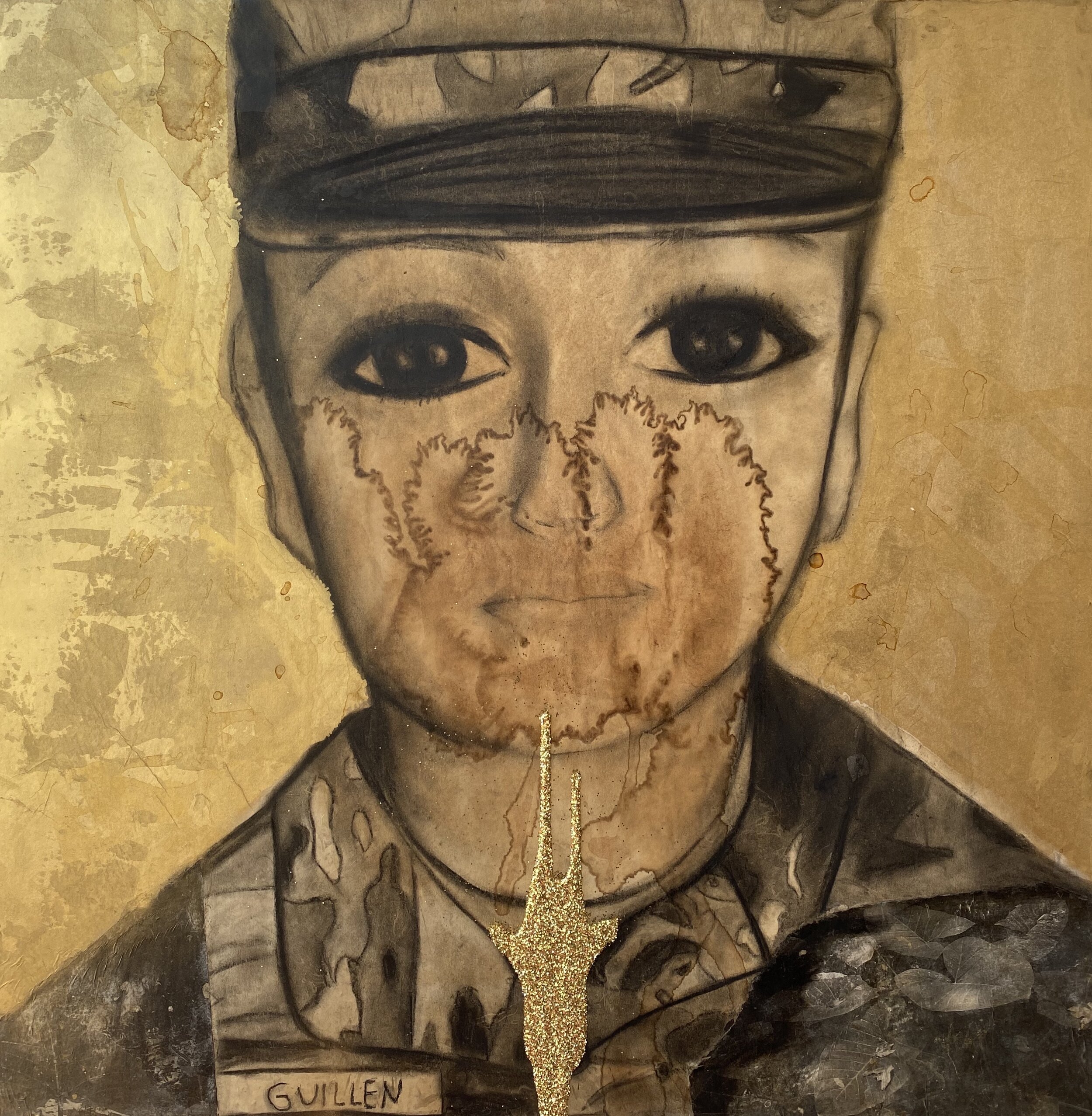  Joan Zamora   They Tried to Silence Her: Vanessa Guillén , 2020  mixed media: charcoal, coffee, spray paint, glitter and photocopy transfer on paper/ wood 35 x 35 in 