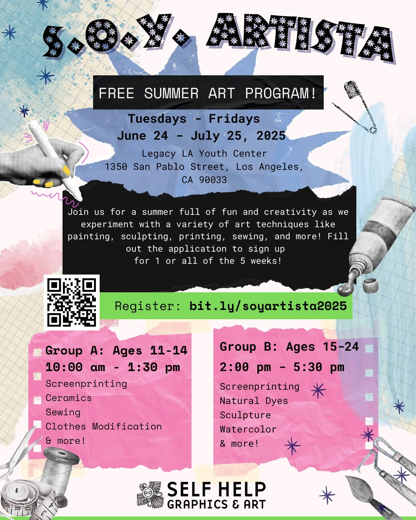 Join us for a summer full of creative fun as we experiment with a variety of art techniques like  painting, sculpting, printing, sewing, and more! Fill out the application to sign up for 1 or all of the 5 weeks! 🎨 signup: bit.ly/soyartista2025
🖌️Tu