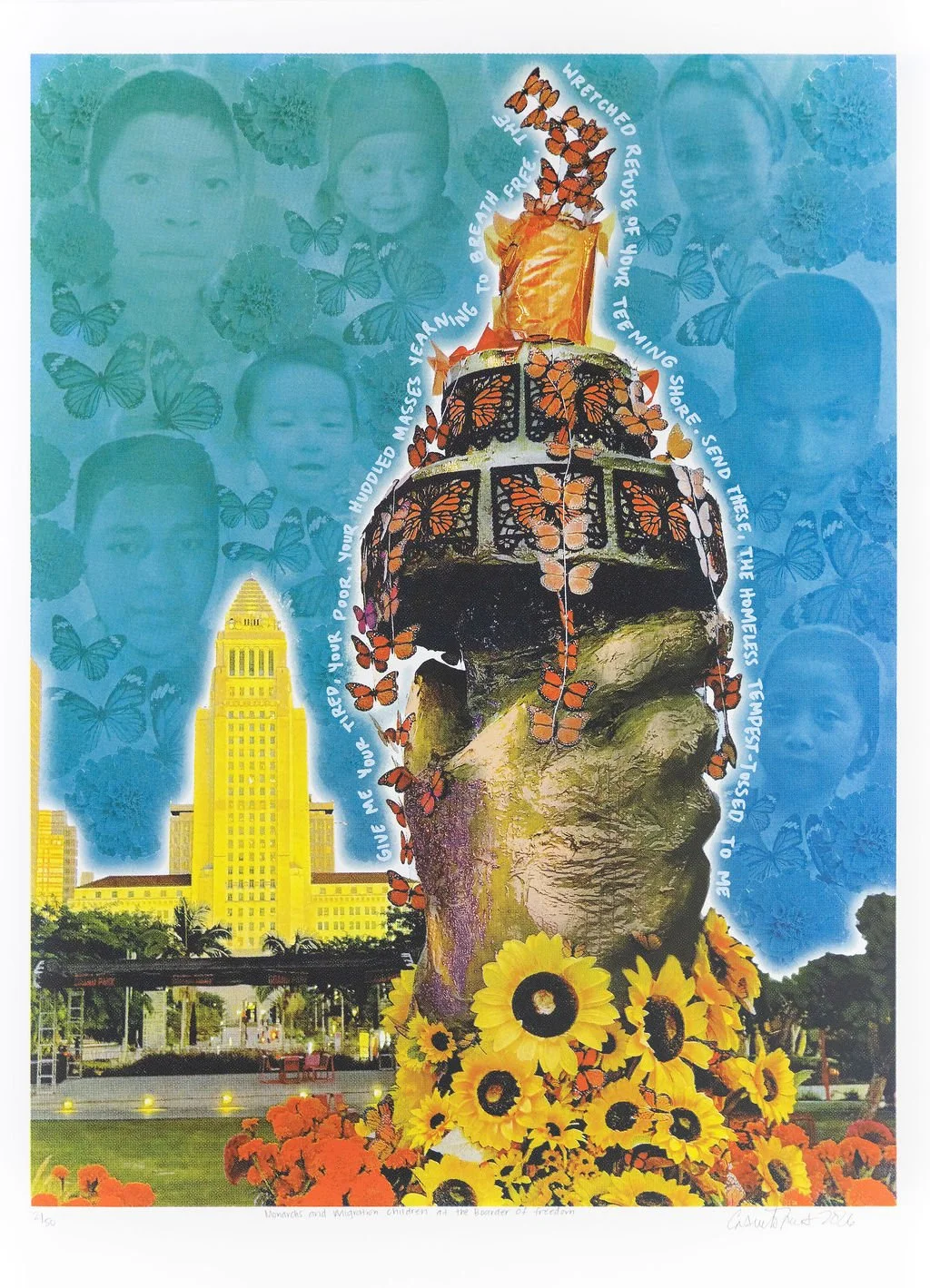 Consuelo G. Flores, Monarchs and Migration: Children at the BoArder of Freedom, 2026. Screenprint, 26.5” x 20” sheet.