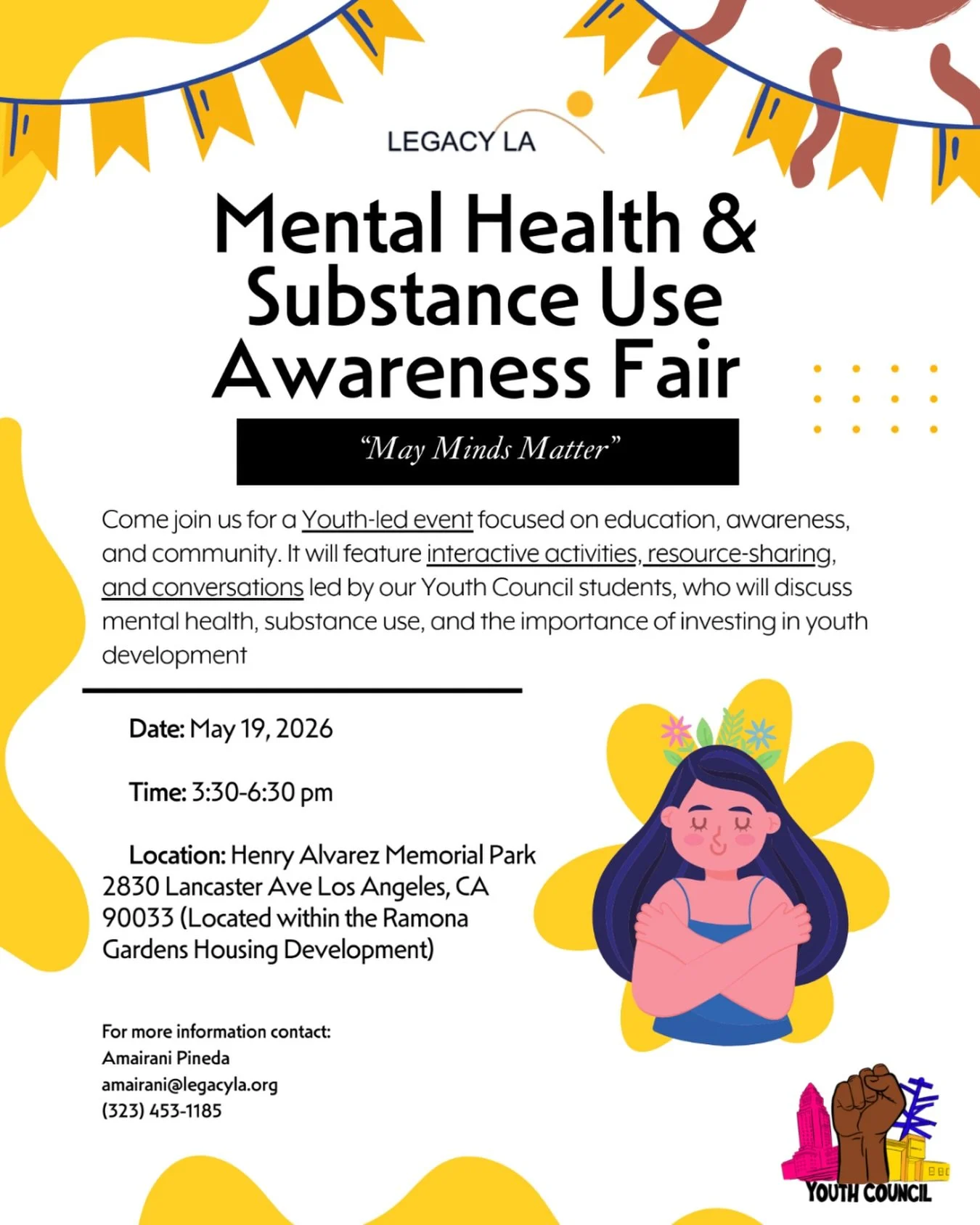 Join Legacy LA (@legacy_la) for their 𝓜𝓮𝓷𝓽𝓪𝓵 𝓗𝓮𝓪𝓵𝓽𝓱 &amp; 𝓢𝓾𝓫𝓼𝓽𝓪𝓷𝓬𝓮 𝓤𝓼𝓮 𝓐𝔀𝓪𝓻𝓮𝓷𝓮𝓼𝓼 𝓕𝓪𝓲𝓻 happening on Tuesday May 19th from 3:30pm-6:30 pm! 🧠🧘✨😌

Led by Legacy LA&rsquo;s Youth Council students, this event will f