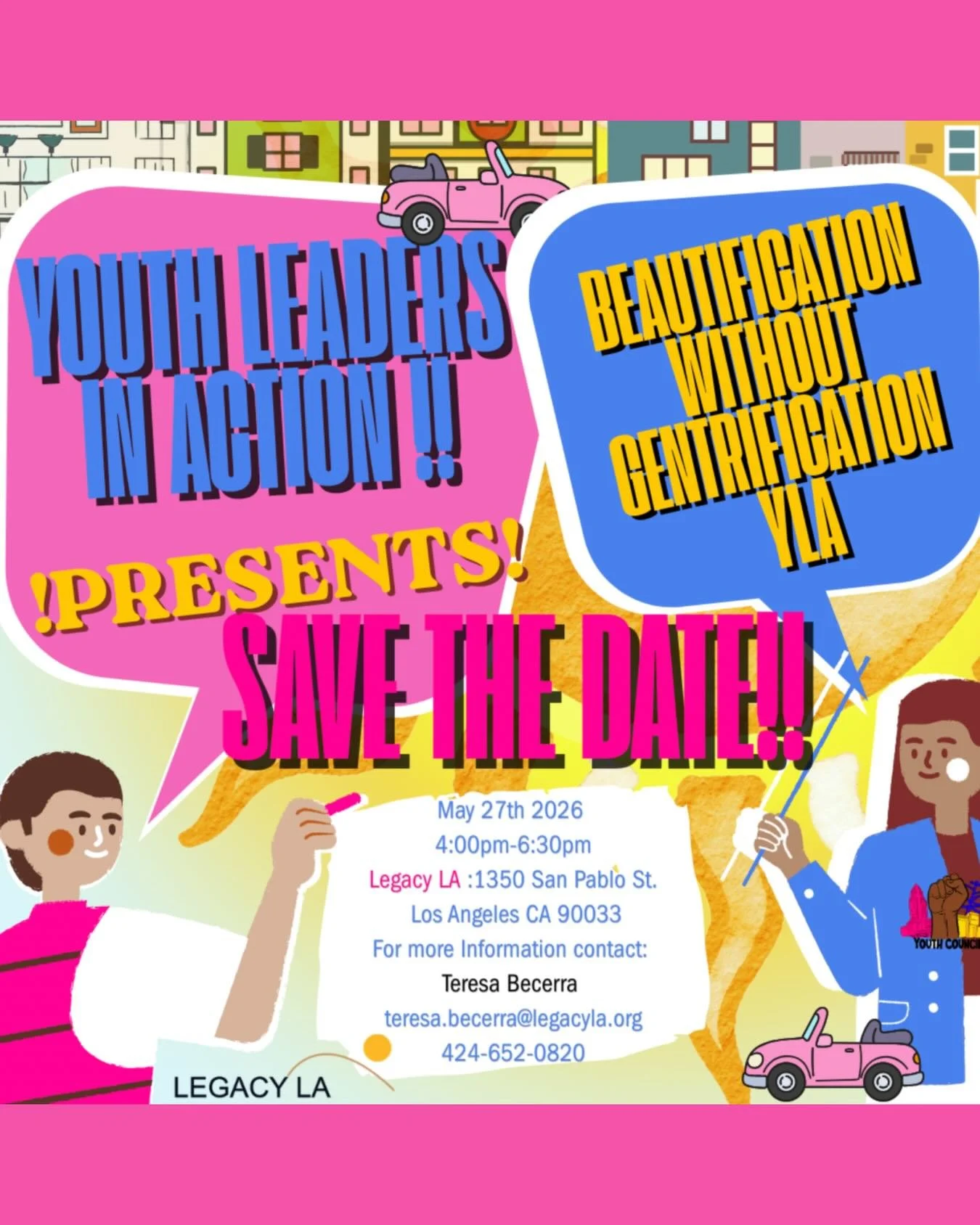 Join Legacy LA (@legacy_la) for their 𝔅𝔢𝔞𝔲𝔱𝔦𝔣𝔦𝔠𝔞𝔱𝔦𝔬𝔫 𝔴𝔦𝔱𝔥𝔬𝔲𝔱 𝔊𝔢𝔫𝔱𝔯𝔦𝔣𝔦𝔠𝔞𝔱𝔦𝔬𝔫 𝔜𝔏𝔄 happening on Wednesday May 27th from 4 pm-6:30 pm! ✨🏙

Led by Legacy LA&rsquo;s youth, this event will be informing community membe
