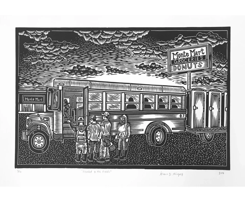 Álvaro D. Márquez, Headed to the Fields, 2017, Linocut