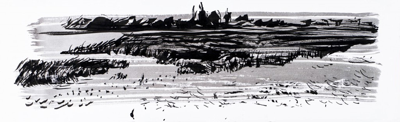  Towards Rye Harbour  Giclee print in chinese ink and watercolour, painted with a feather, 61 x 28cm, £95 