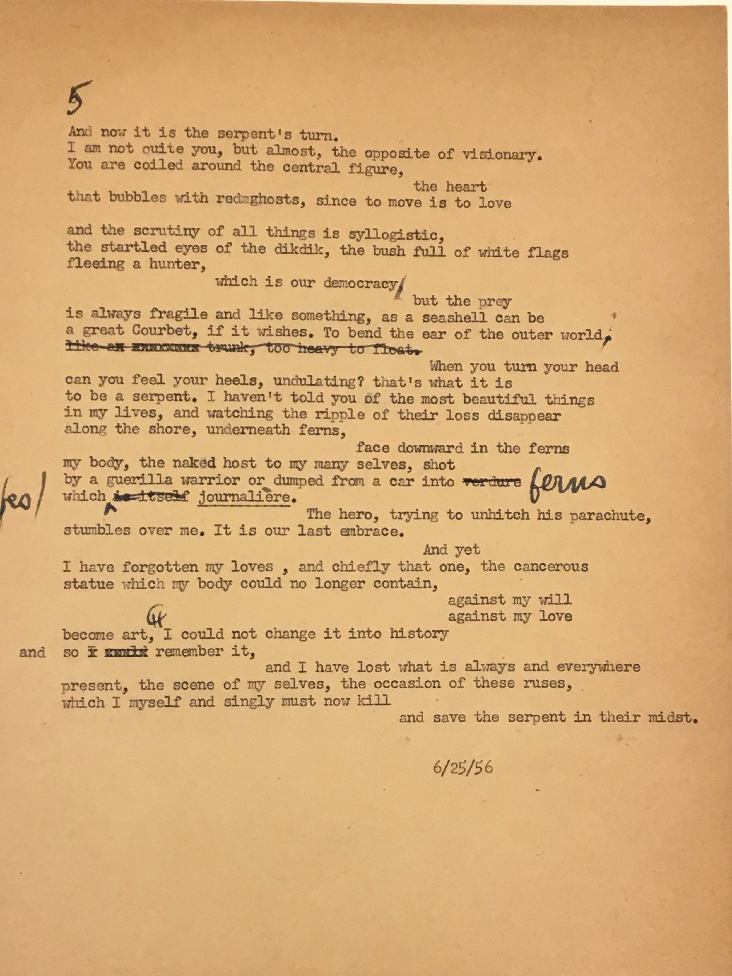 Frank O'Hara, "In Memory of My Feelings" (Section 5) (Photography of manuscript from Tiber Press Archives, Harvard University)