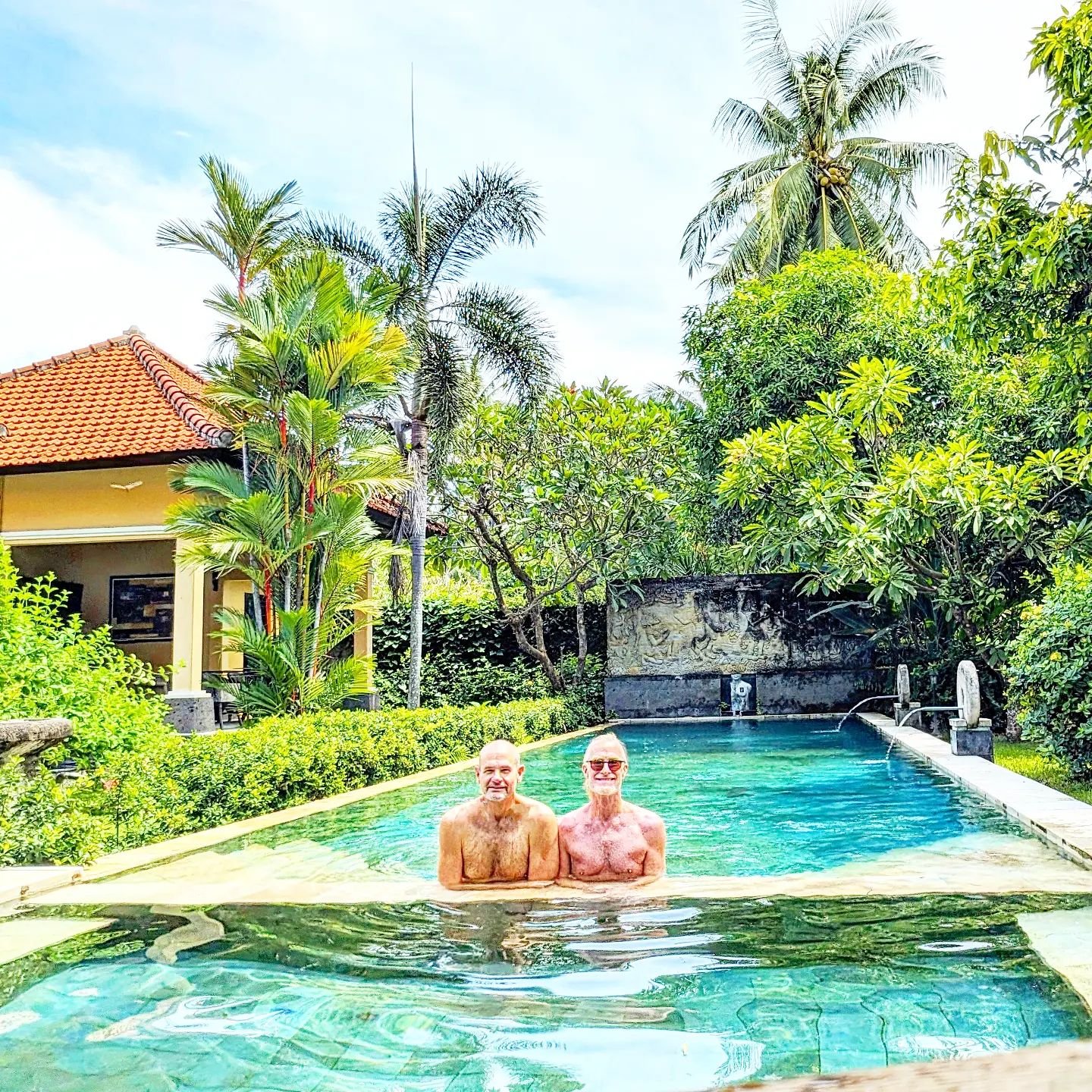 We're in naturist bliss with two pools to choose from at Bali au Naturel! 💦🙏🏽💦 🏳️&zwj;🌈❤️#naturel #clothingoptional #nude #traveltips #travelblogger #instagood #podcast #pool #lgbttravel #lgbtresort #lgbtbali #indonesia #viral #hotelguys1 #hote