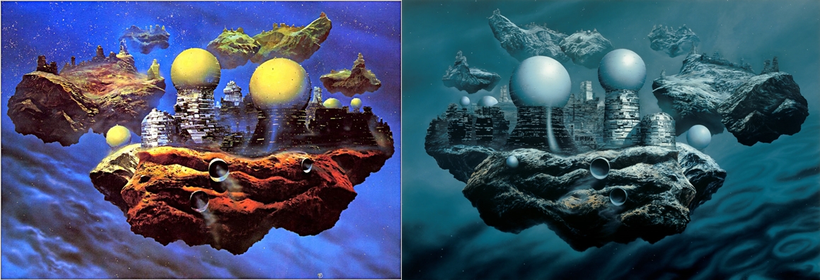Left image: Chris Foss Floating Cities // ©ChrisFossArt Right image: Glenn Brown Bocklin's Tomb (copied from 'Floating Cities' by Chris Foss) 1998 // © Glenn Brown Artworks