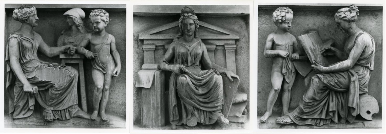 John Henning’s sculptures adorning the north wing of the RMI, Sculpture, Architecture and Painting Credit: Manchester City Galleries