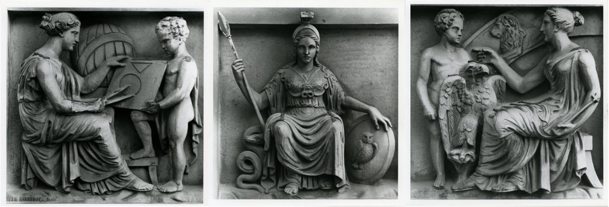 John Henning’s sculptures adorning the south wing of the RMI, Mathematics, Wisdom and Astronomy Credit: Manchester City Galleries