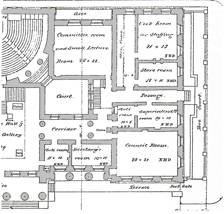Detail of the South Wing Ground Floor Plan showing what is now the Gallery Café & Drawing Room and the Charles Rutherston Meeting Room credit: Manchester City Galleries