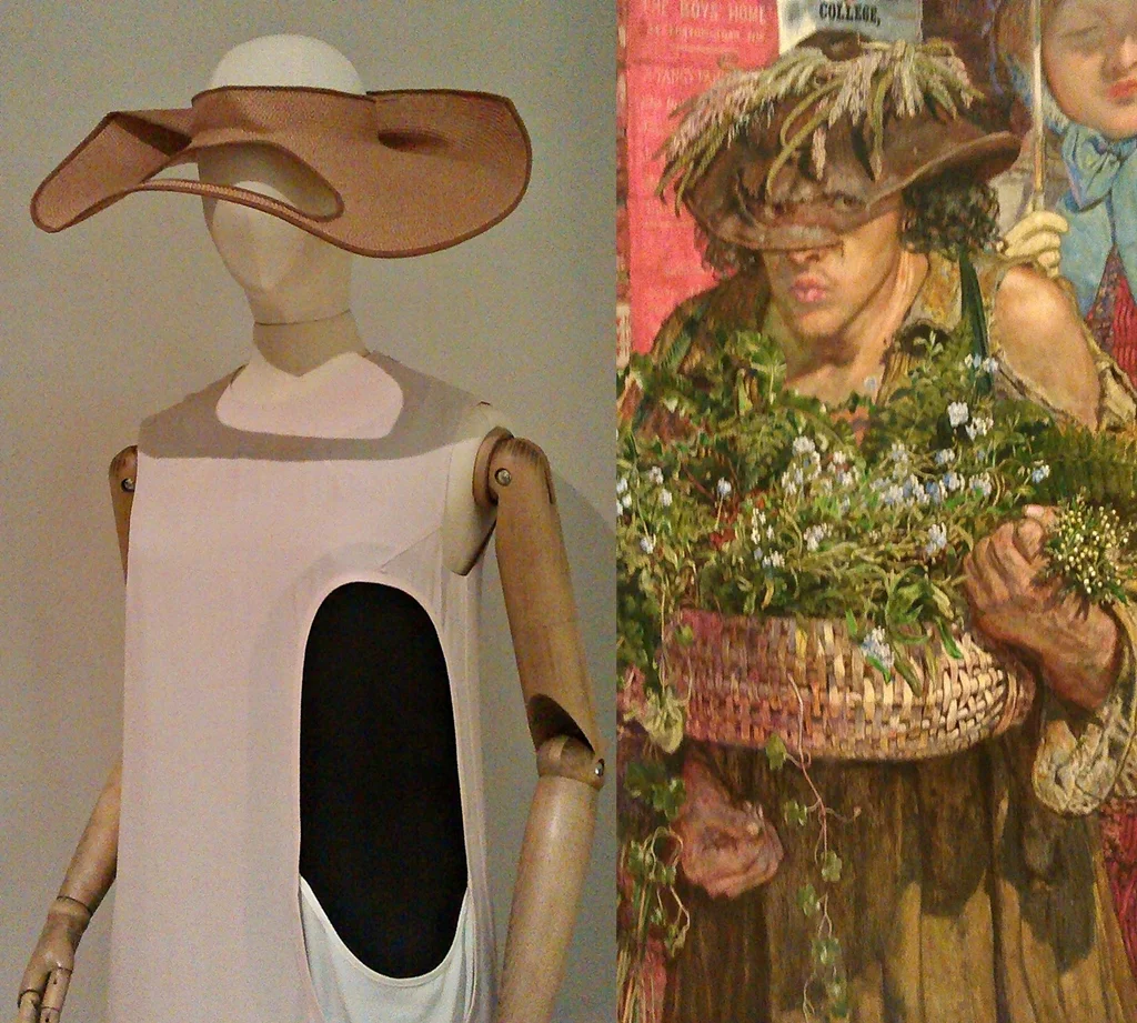 (l) Column dress and hat Barbara S/S (2013) designed by Peter Jensen (gallery 19) (r) Detail - Wildflower Seller from Work (1865) by Ford Madox Brown