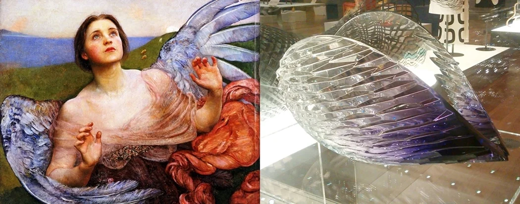 (l) The Sense of Sight (1895) by Annie Swynnerton, National Museums Liverpool / Walker Art Gallery (r) Planet Lilac (2012) by Lena Bergstrom (gallery 19)