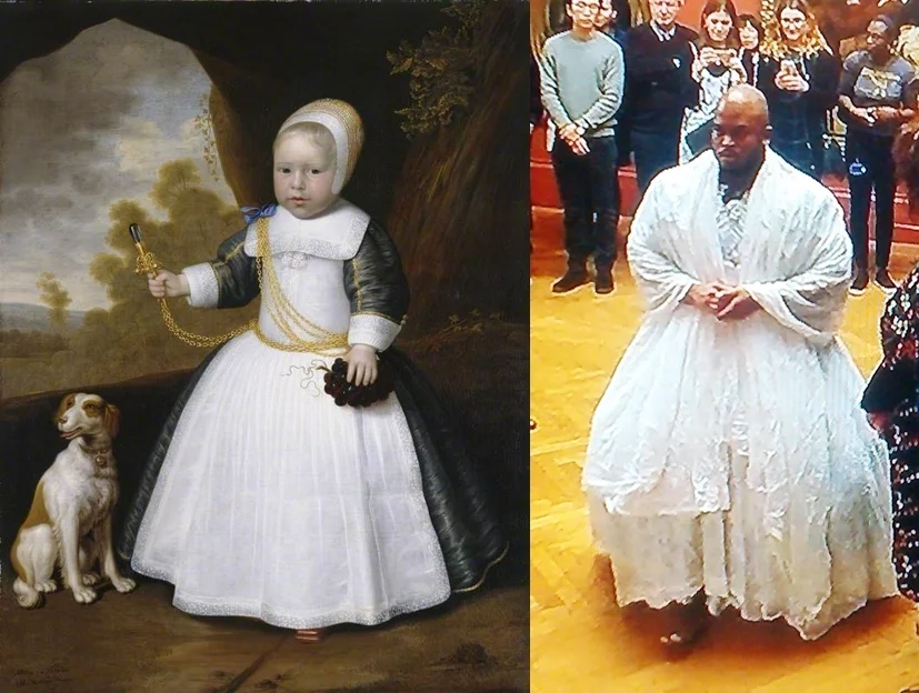 (l) Portrait of a Boy with Dog (1660) by Jan Albertz Rotius (gallery 14) (r) Six Acts ft. Lasana Shabazz (2018) by Sonia Boyce (gallery 10)
