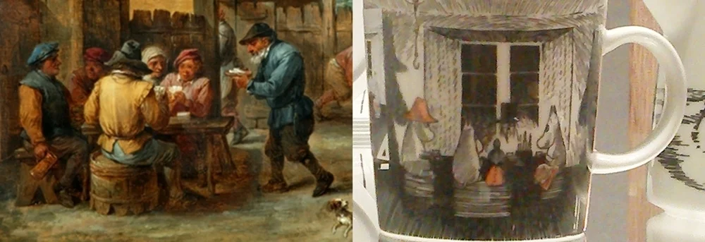 (l) Detail - Peasants Playing Cards and Skittles in a Yard (1650) by David Teniers the Younger (Gallery 14) (r) True to its Origins, mug (2017) by Tove Slotte (gallery 19)