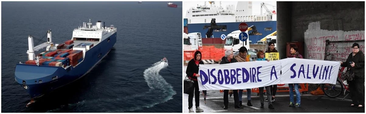 (l) The Bahri Yanbu © Benoit Tessier/ Reuters (r) Genoa dock protest © EPA