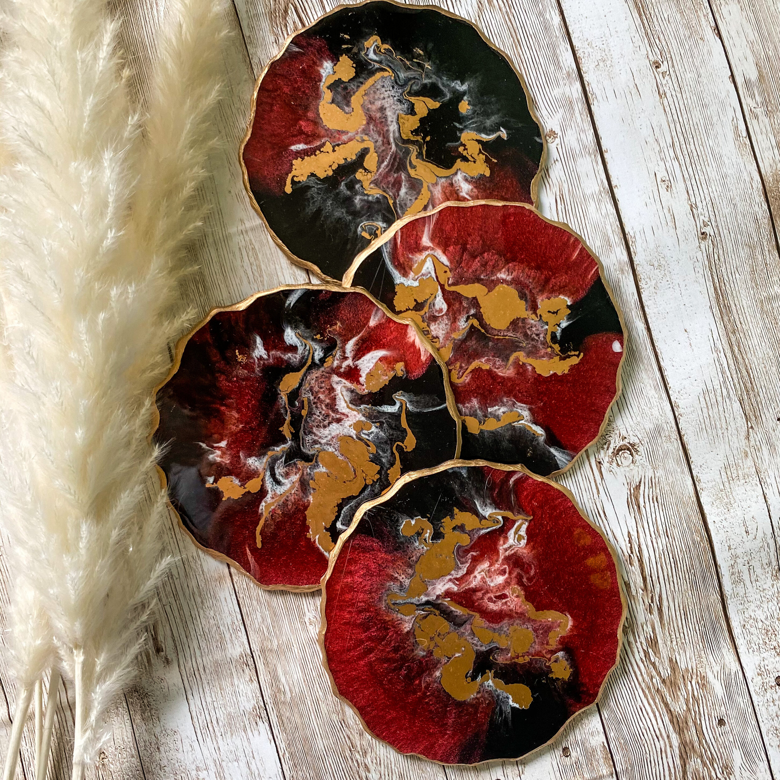 Red and Gold Orange Beautiful Round Sunset Colored Swirls Coasters Sun Swirl Resin Coasters and Coaster Holder Set of 4 Coasters