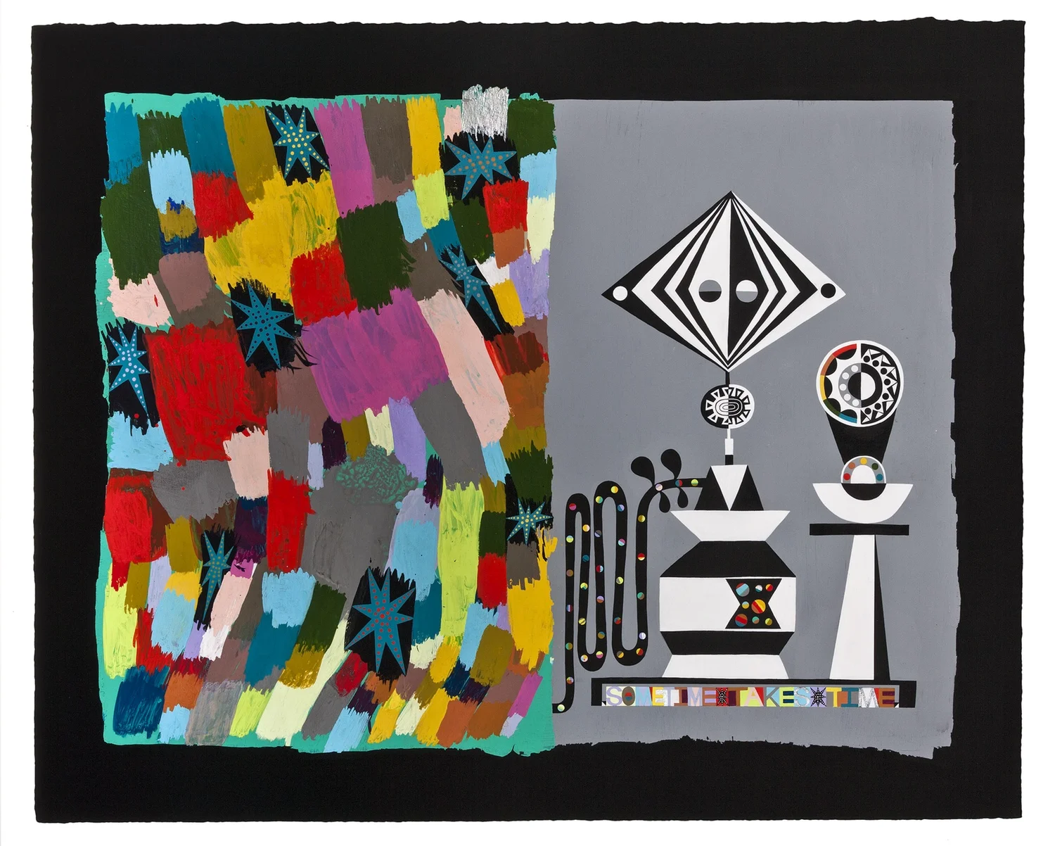 Sometime Takes Time, acrylic, gouache and collage on paper, 29.5 x 36.5 in. 2013