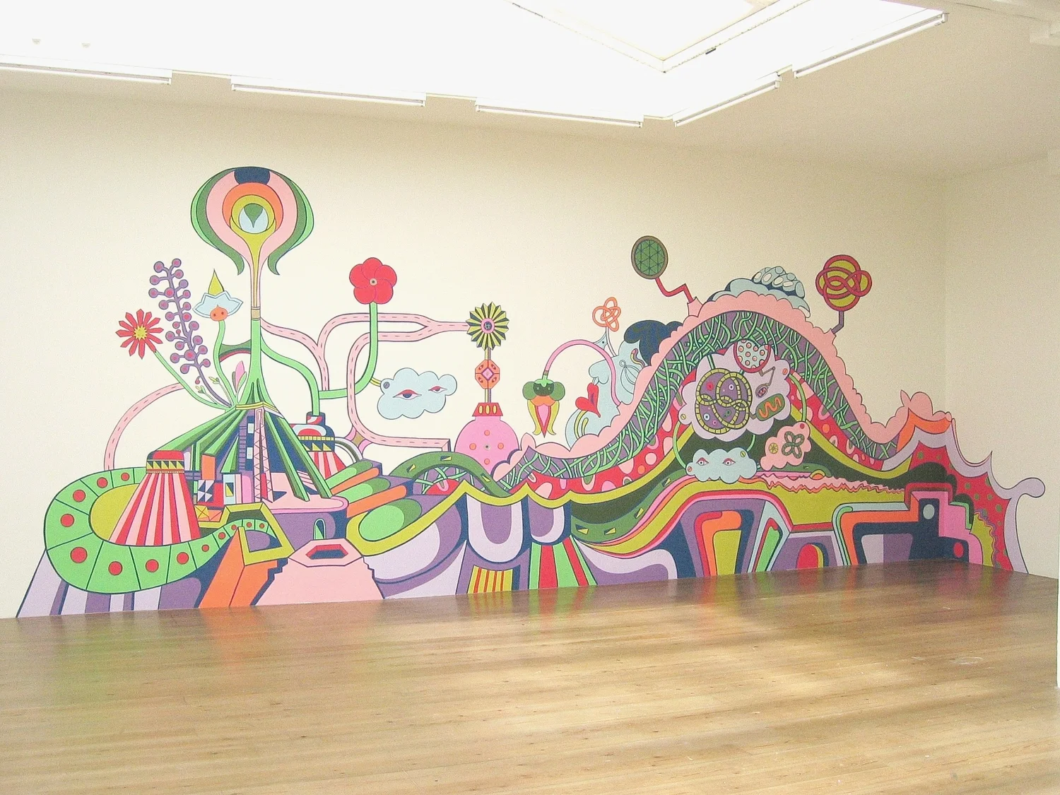 Eyeshot valley of the Micromacro Maiden , 10 x 28 ft. acrylic mixed media mural with collage components, 2004. Exhibition: Entropic Meltdown/Happy Sadness , Stedelijk Bureau Museum, Holland