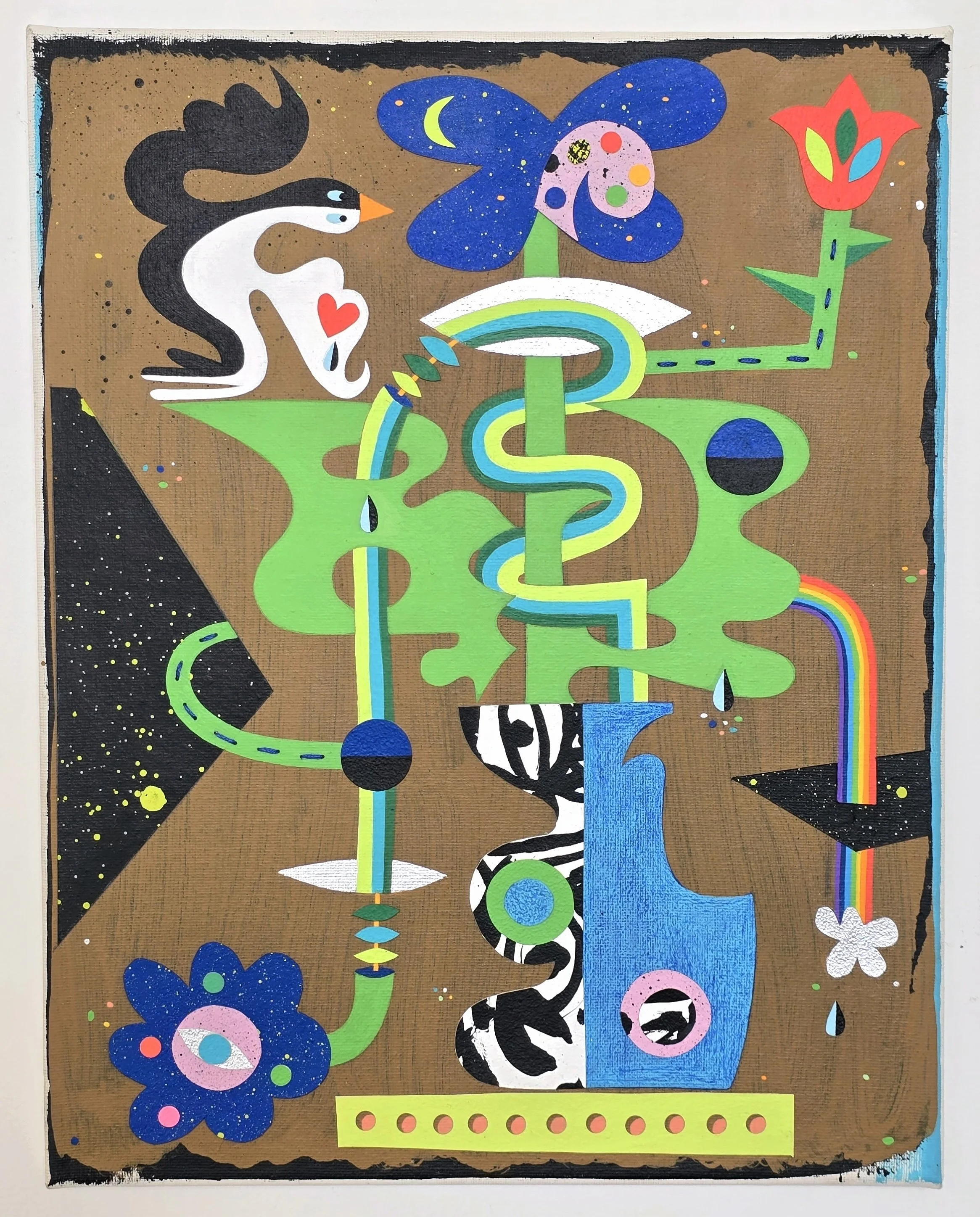 A Chime Jovial, Bouquet Play (13) 14 x 11 in., Acrylic and collage on canvas 2026
