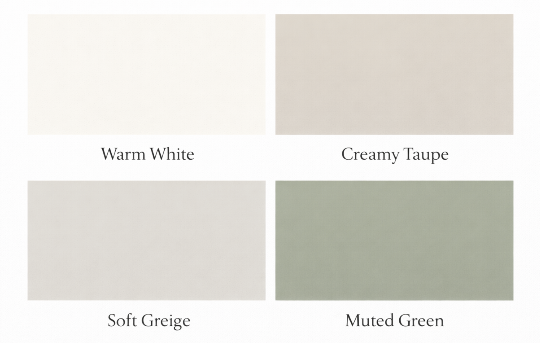 four colour swatches one each warm white creamy taupe soft greige muted green
