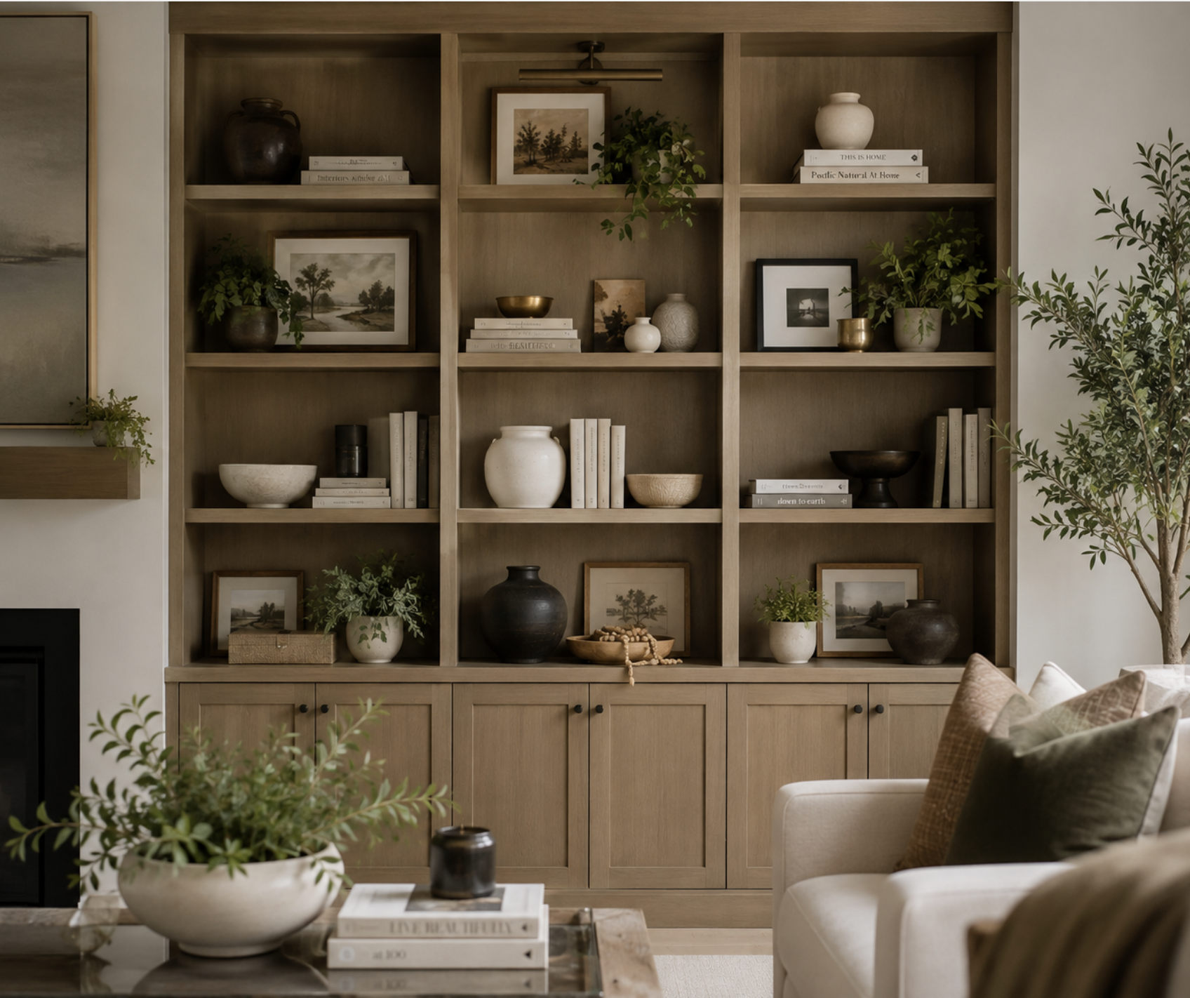 contemporary light wood bookshelf styled nicely with books, artwork, vases, greenery
