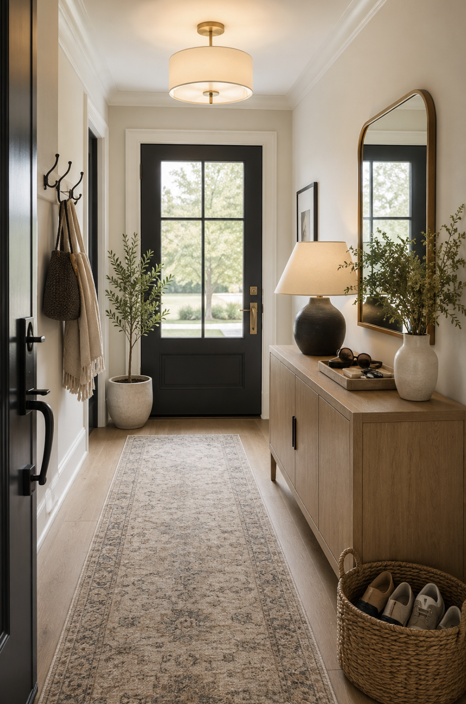 contemporary front entry with drum shade ceiling light, wall hooks for coats, credenza with lamp, tray for sunglasses and keys, vase with greenery, arched gold framed mirror, wicker basket of shoes and brown and black  runner, black entry door