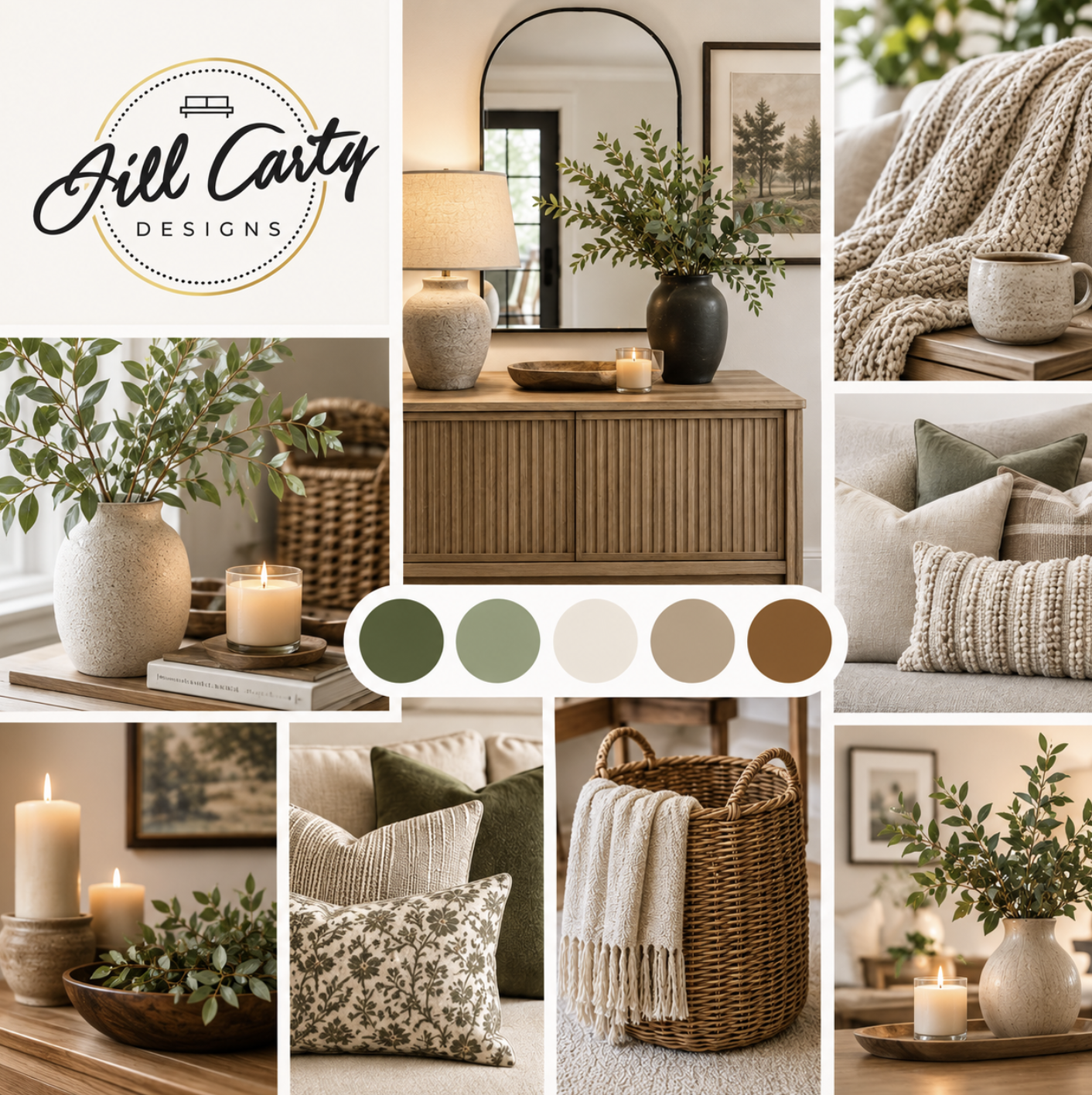 jill carty designs logo on mood board of textured pillows and throws in beiges and soft greens, a credenza with stone lamp black vase of greens and candle,