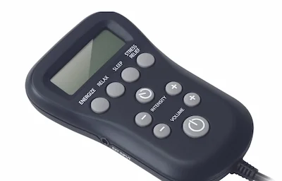 Image of the BioAcoustic Mat controller with four music categories to energize, relax, support sleep and relieve stress.  Includes variable micro stimulation intensity for bio-individual care.